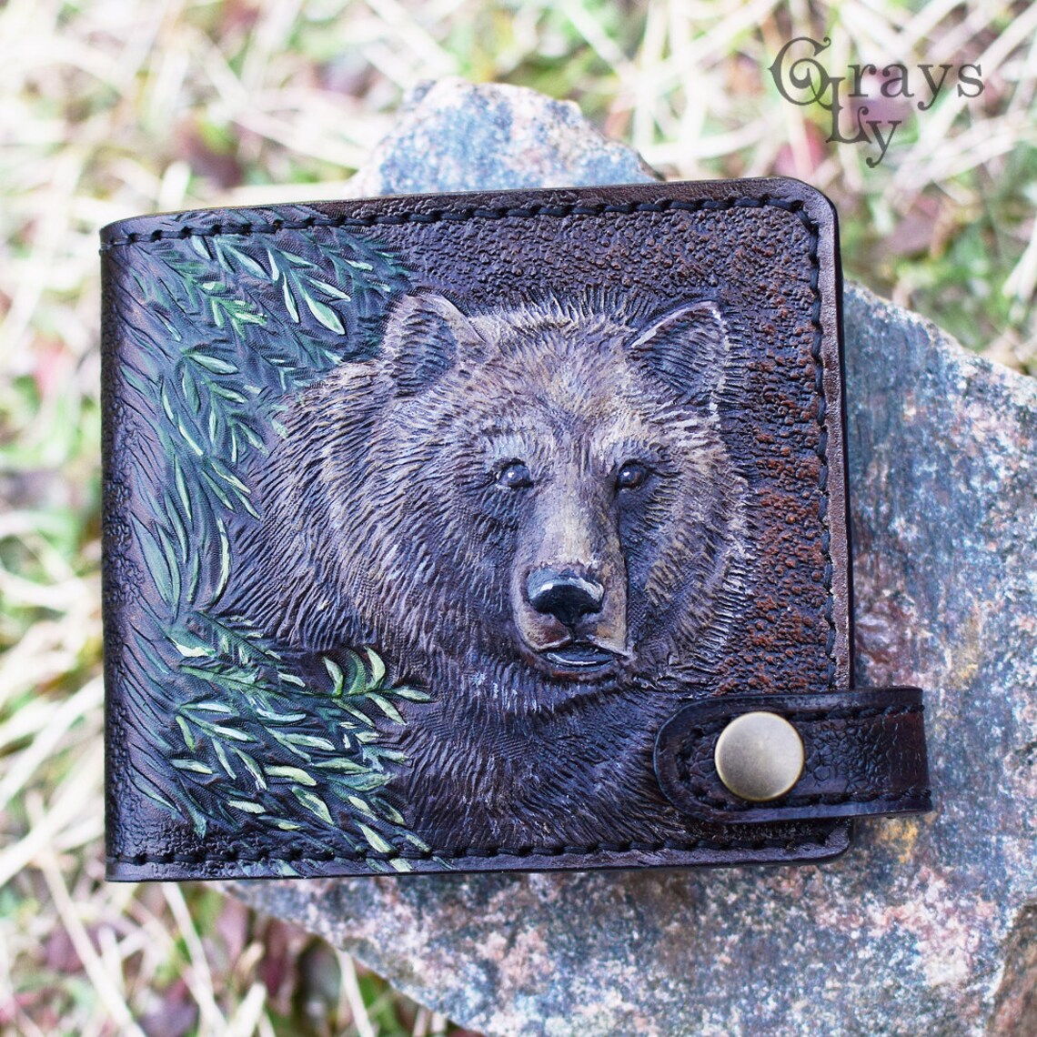 Hand tooled leather wallet Bear wallet tooled wallet Etsy