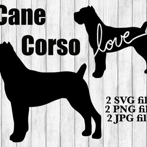 Puede incluir: Silueta negra de un perro Cane Corso con la palabra "love" escrita en letra cursiva sobre su cuerpo. El texto "Cane Corso" está escrito en negro sobre el perro. El fondo es un patrón de madera blanca.