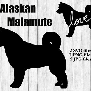 Könnte beinhalten: Schwarze Silhouette eines Alaskan Malamute Hundes mit dem Text "Alaskan Malamute" darüber und dem Text "love" auf der anderen Silhouette eines Hundes. Der Hintergrund ist ein weißes Holzmaserung.