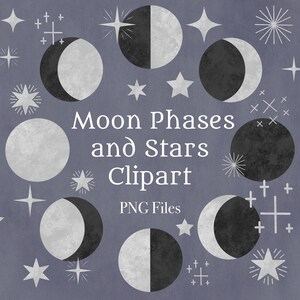 Moon Phases and Stars Clipart Bundle PNG Files