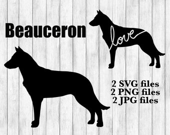 May include: Black silhouette of a Beauceron dog with the word "love" written in white cursive on the side of the dog. The text "2 SVG files, 2 PNG files, 2 JPG files" is below the dog.