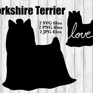 Könnte beinhalten: Schwarze Silhouette eines Yorkshire Terriers mit dem Wort "love" in weißer Schrift. Das Bild enthält auch den Text "Yorkshire Terrier" und Dateitypinformationen: 2 SVG-Dateien, 2 PNG-Dateien und 2 JPG-Dateien.