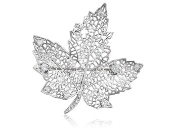 Broche feuille d’érable, broche argentée, broche argentée avec pierres, épingle à chemise