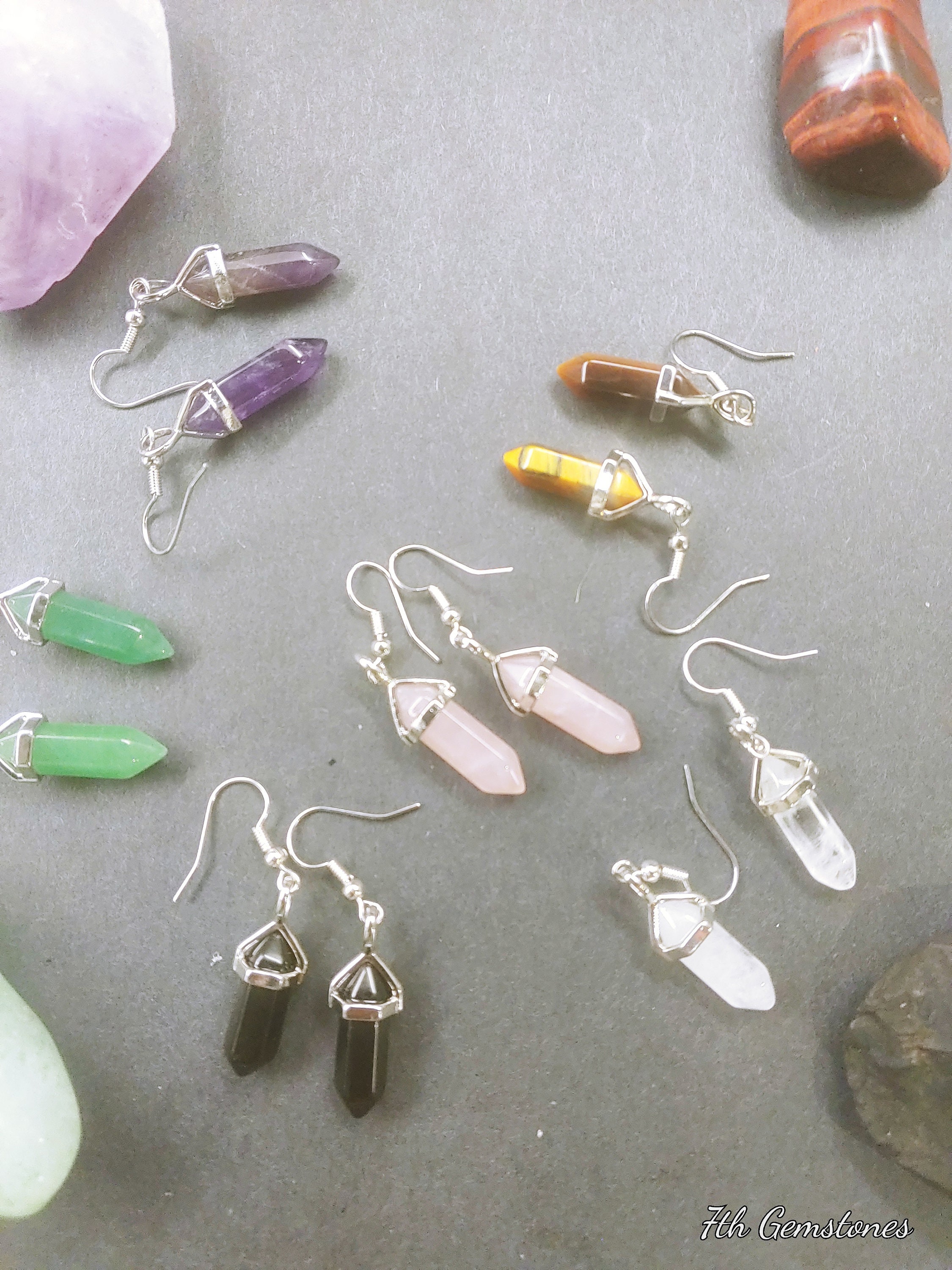 Crystal Point Earrings, Small Crystal Points, Black Agate, Green Aven…