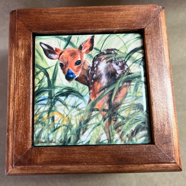 Fawn hand-made wooden trinket, jewelry, keepsake box with ceramic tile printed with my artwork. Made in the Blue Ridge Mountains of Virginia