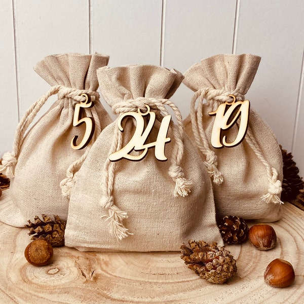 Jute / Adventskalender zum füllen / 24 Stoffsäckchen / Holzzahlen / Baumwolle / Säckchen / für Kinder Erwachsene als Geschenk