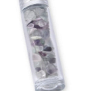 May include: A clear glass roller bottle with a silver cap filled with small, colorful crystals. The crystals are a mix of white, purple, and green.