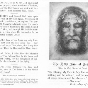 May include: A monochrome image of the Holy Face of Jesus, derived from the Holy Shroud of Turin. The image is paired with text from a religious publication, featuring prayers and a quote about the face of Jesus.