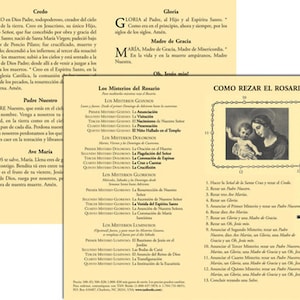 May include: A yellow card with instructions on how to pray the rosary. The card features a black and white illustration of the Virgin Mary holding a baby Jesus. The text on the card is in Spanish and reads "Como rezar el Rosario".