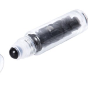 May include: A clear glass roller bottle with a black roller ball and a white cap. The bottle is filled with a dark liquid.