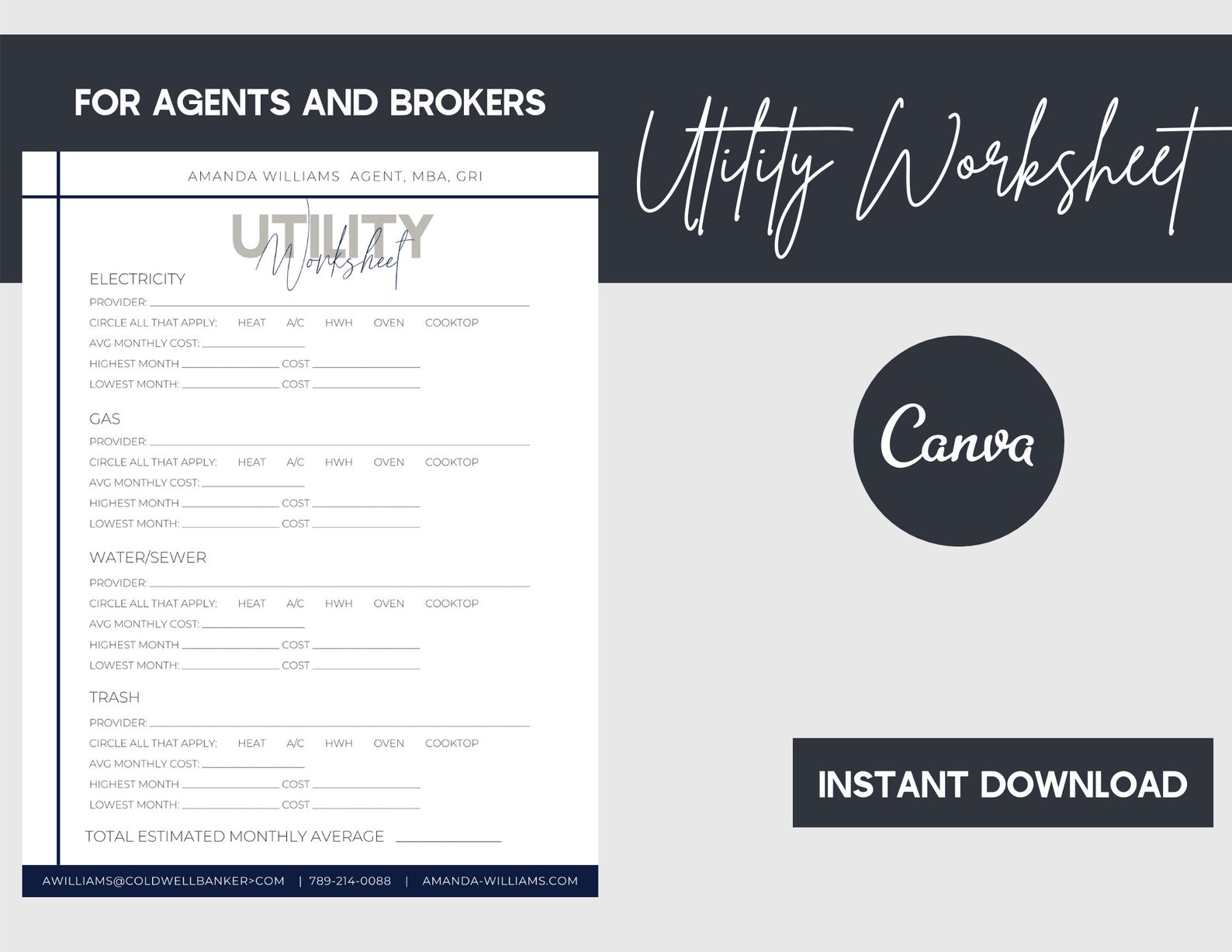 Utility Worksheet for Real Estate Agents Instant Download Etsy
