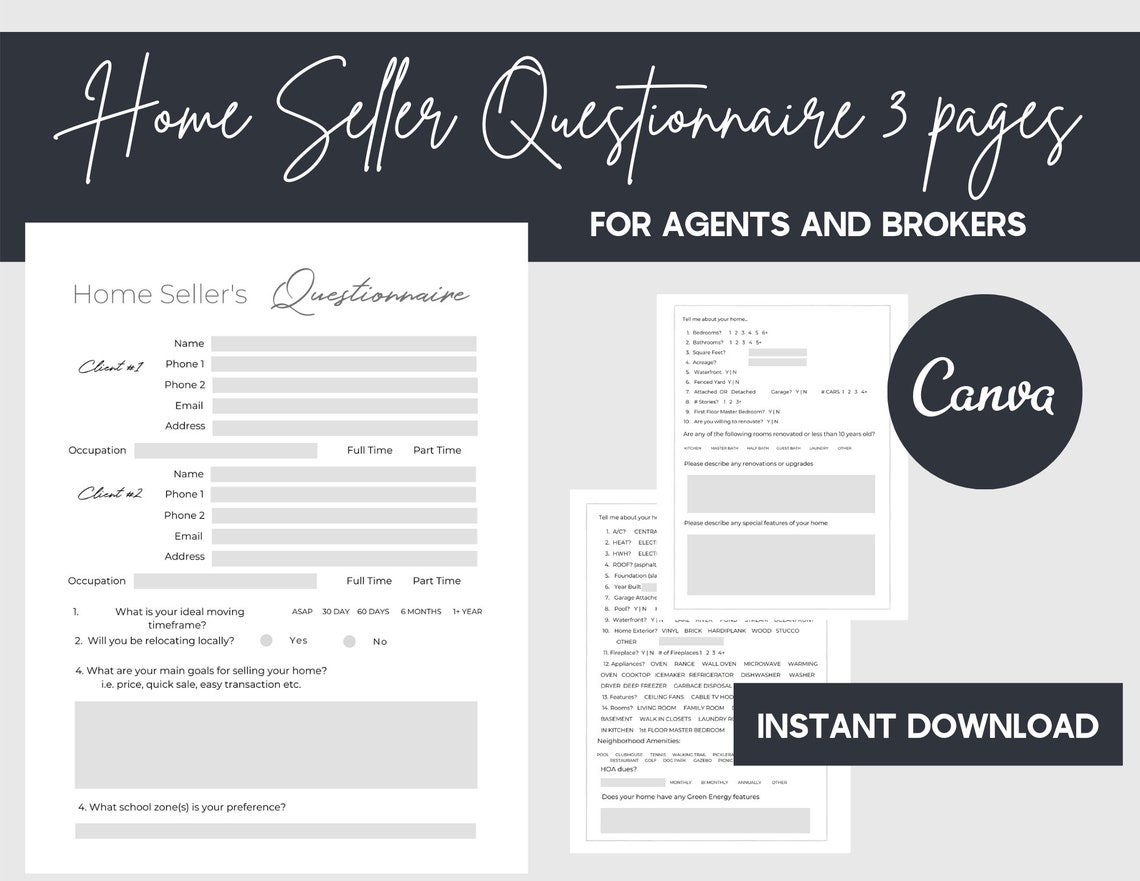 Real Estate Seller Questionnaire PDF and Canva Template Instant