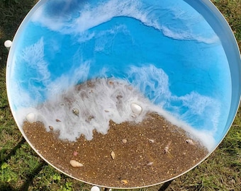 Resin Serving Tray Table with Beach and Ocean Waves Design | Handmade | Unique Art