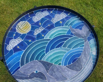 Resin Serving Tray Table with Whale on Waves, Mosaic Style | Handmade | Blue, Green, and Gray
