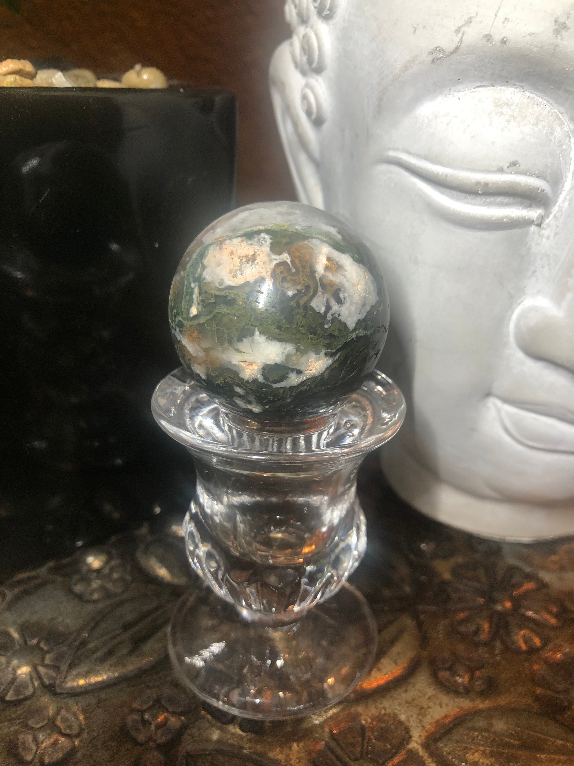 Moss Agate Sphere w/ Glass Stand | Etsy