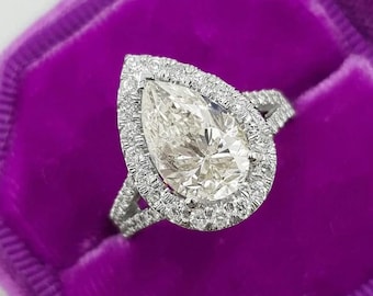 Pear Moissanite Engagement Ring, Halo Bridal Ring, Lab Grown Diamond