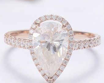 3 Ct Pear Moissanite Halo Engagement Ring – Lab Grown Diamond Alternative