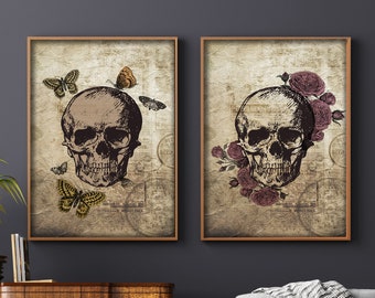 Halloween Poster, Two Piece Set of Skull Wall Art for Halloween Wall Decor, Goth Home Decor, Goth Art Print,* Instant Download