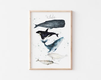 Whale Art Print for Nautical Decor, Printable Wall Art for Whale  Nursery, Whale Watercolor Print, Playroom Wall Decor, *Instant Download*