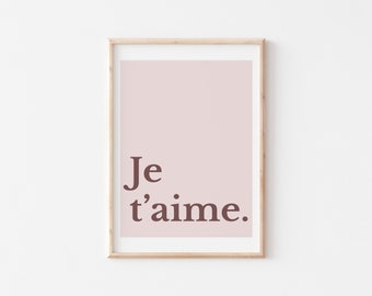 Bedroom Wall Decor, Je T'aime Qoute Wall Art  for Above Bed Decor,  Blush Pink Wall Art *Instant Download
