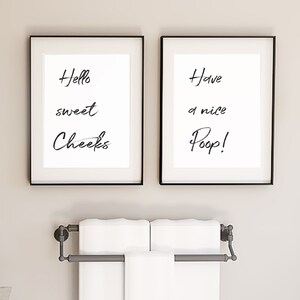 Funny Bathroom Signs, Set of 2 Prints, Hello sweet Cheeks, Cute Bathroom Sign for Bathroom Decor INSTANT DOWNLOAD image 2