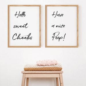 Funny Bathroom Signs, Set of 2 Prints, Hello sweet Cheeks, Cute Bathroom Sign for Bathroom Decor INSTANT DOWNLOAD image 3