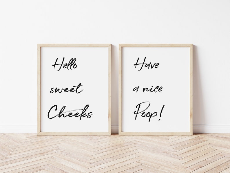 Funny Bathroom Signs, Set of 2 Prints, Hello sweet Cheeks, Cute Bathroom Sign for Bathroom Decor INSTANT DOWNLOAD image 1