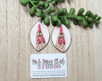 EARRINGS, Jewelry, Nickel free earrings, Dangle earrings, Wood earrings, Stud earrings, Chicken earrings, Chicken mom, Chicken lovers, Chick