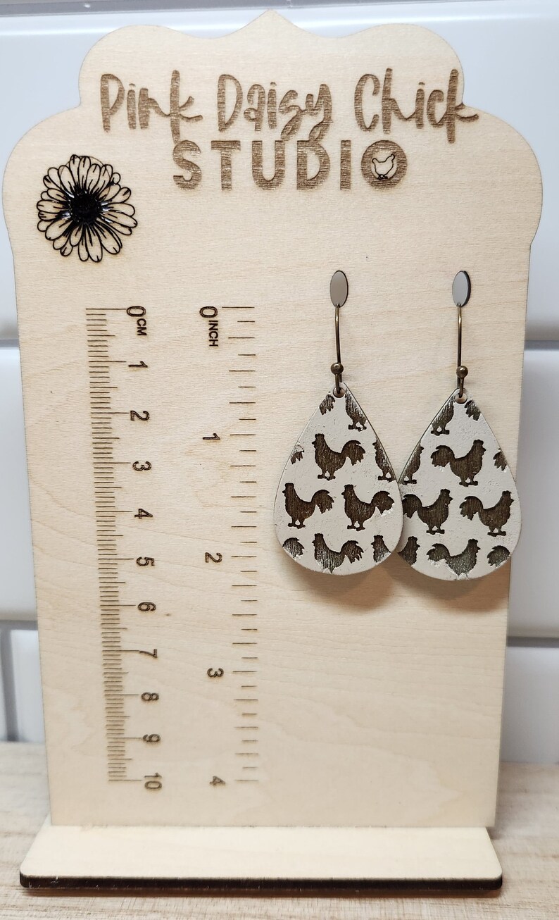 EARRINGS, Jewelry, Nickel free earrings, Dangle earrings, Wood earrings, Chicken earrings, Distressed earrings, Beige earrings, Chickens image 2