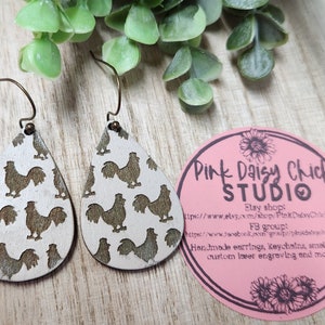 EARRINGS, Jewelry, Nickel free earrings, Dangle earrings, Wood earrings, Chicken earrings, Distressed earrings, Beige earrings, Chickens image 1