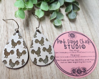 EARRINGS, Jewelry, Nickel free earrings, Dangle earrings, Wood earrings, Chicken earrings, Distressed earrings, Beige earrings, Chickens