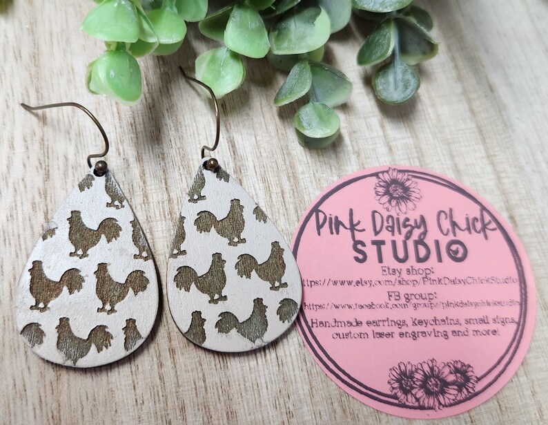 EARRINGS, Jewelry, Nickel free earrings, Dangle earrings, Wood earrings, Chicken earrings, Distressed earrings, Beige earrings, Chickens image 1