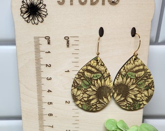 EARRINGS, Jewelry, Nickel free earrings, Dangle earrings, Wood earrings, Sunflower earrings, Floral earrings, Yellow earrings