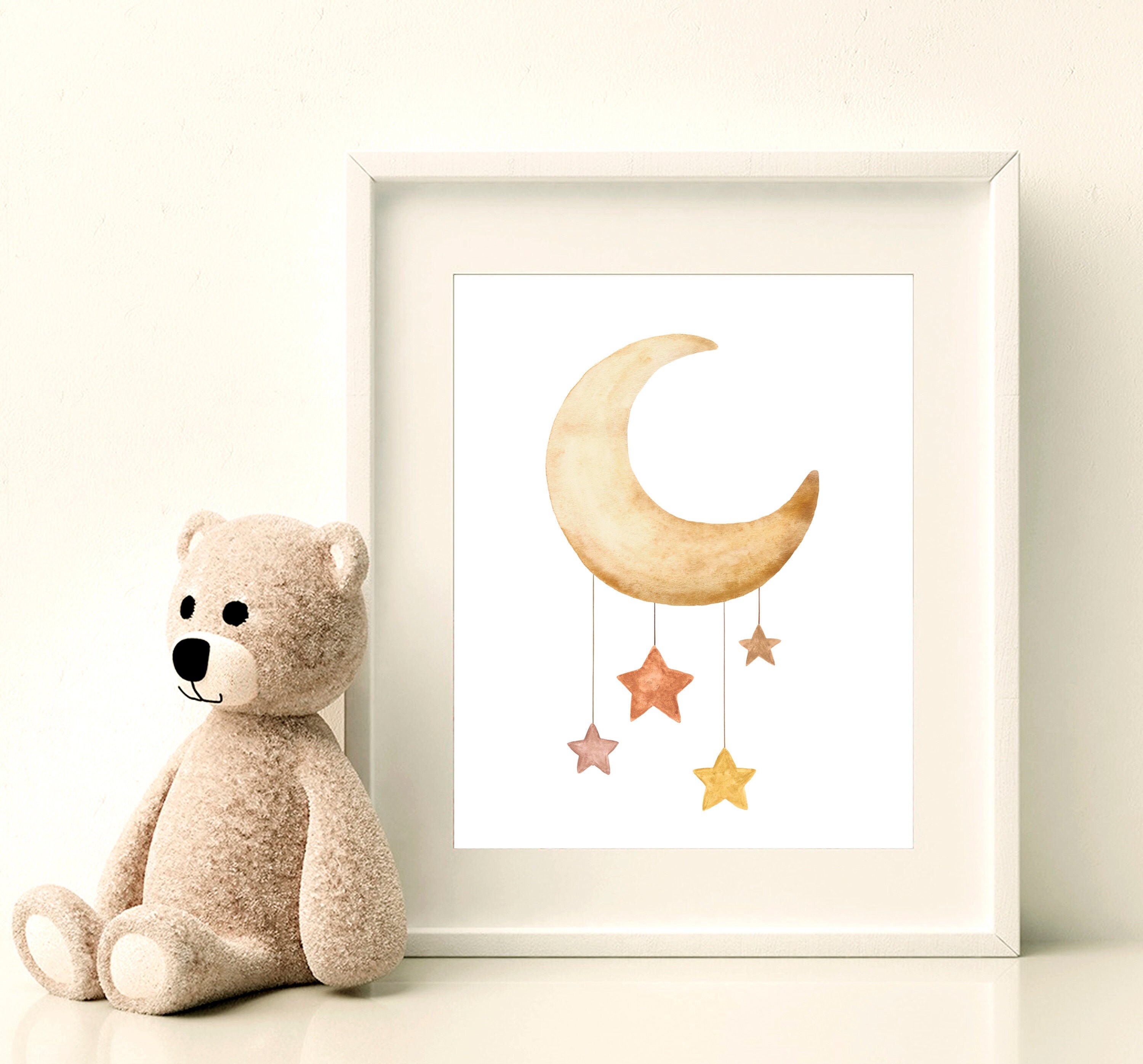 Moon and stars nursery print Watercolor crescent moon Gender Etsy