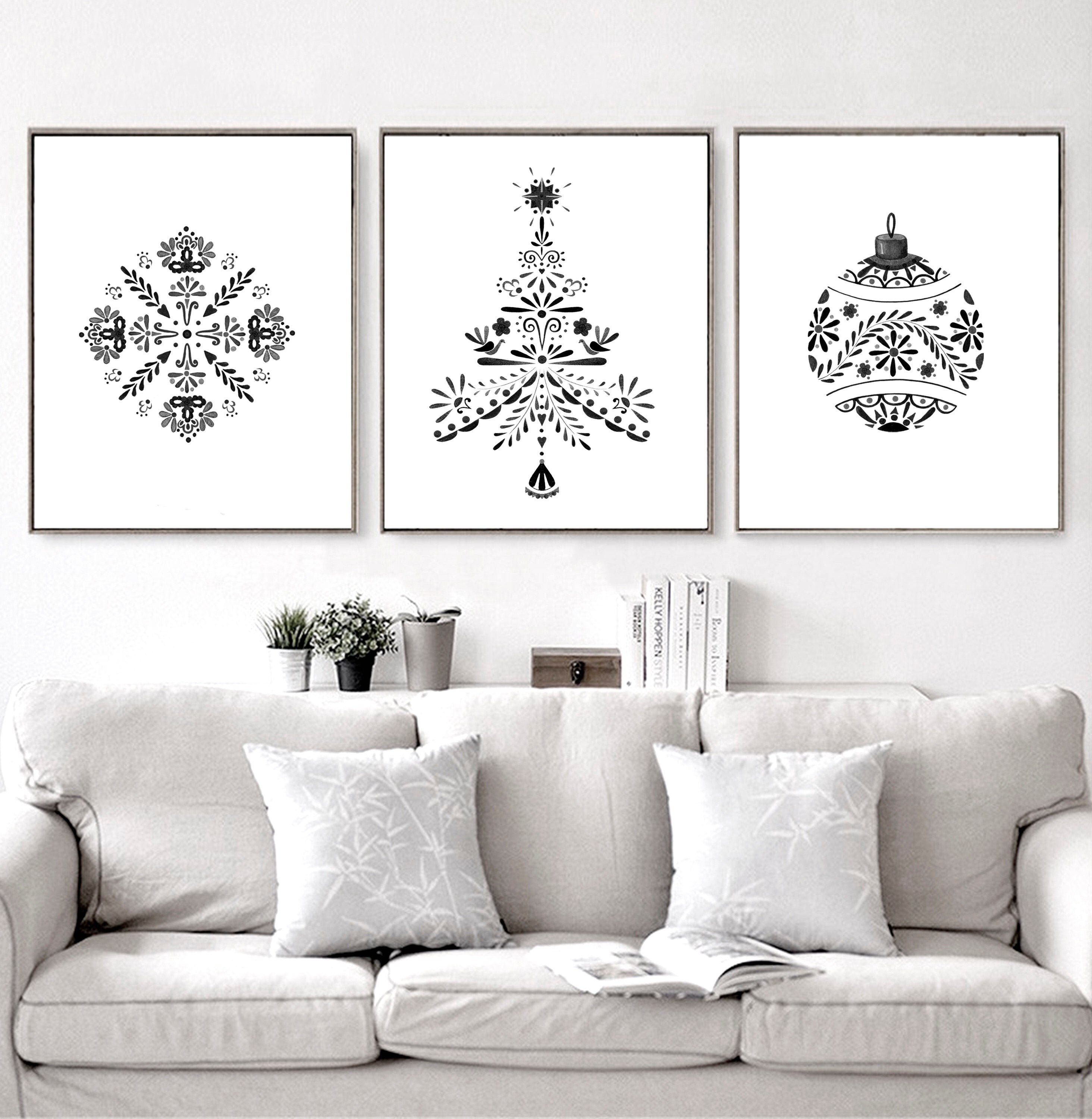 Christmas printables black and white, Set of 3 prints, Scandinavian Christmas tree, Ball, Snowflake, Christmas wall decor digital download