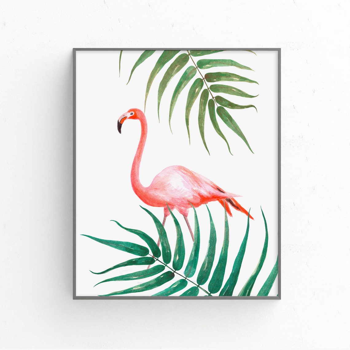 Pink flamingo print Tropical wall decor Palm leaves Pink Etsy