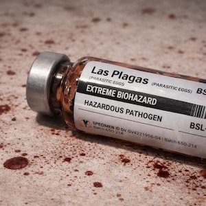 Op de afbeelding: Een glazen flesje met het label "Las Plagas (Parasitic Eggs)" met waarschuwingen "Extreme Biohazard" en "Hazardous Pathogen". Het flesje ligt op een gespikkelde ondergrond met donkerrode druppels. Het flesje heeft een metalen dop.