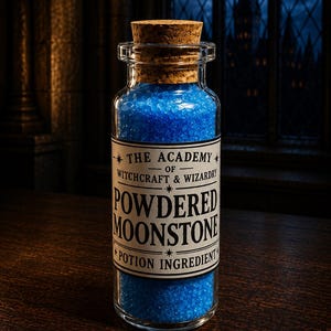May include: A clear glass bottle with a cork stopper filled with bright blue granular powder. The label reads THE ACADEMY OF WITCHCRAFT & WIZARDRY POWDERED MOONSTONE POTION INGREDIENT in black text on a cream background with decorative star accents.