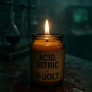 May include: A burning candle in a glass jar with a brown label. The label displays the text "ACID. NITRIC V-JOLT" in black. The flame glows brightly against a dark backdrop, possibly a laboratory.