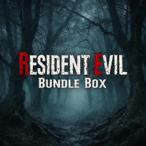 May include: A moody image of a forest scene with the words "RESIDENT EVIL BUNDLE BOX" in white and red. The background shows a dense, misty forest, creating a sense of mystery and suspense, typical of the game.