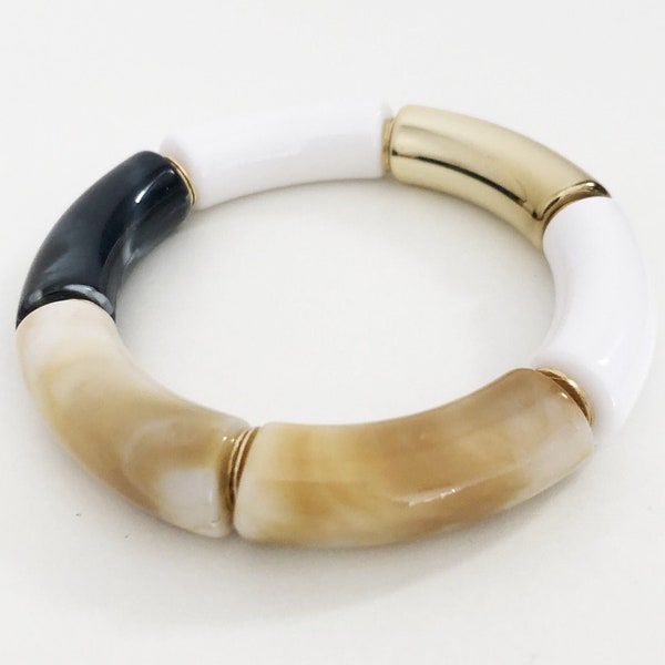 Boho bangle bracelet, Skinny Acrylic bamboo bracelet, curved tube bracelet, Beige black marbled White