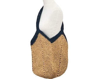 Granny beige and black beach bag in Cellulose Raffia, boho chic bag, palm tree bag, boho bag, summer bag
