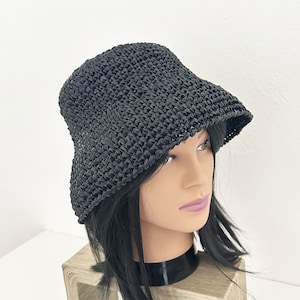 サテンブラックラフィアボブハット、ボヘミアンビーチハット、サマーハット