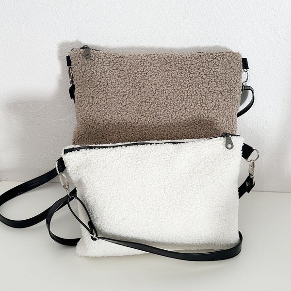 Sheep-look woolen fabric pouch bag, Teddy bag, women's crossbody bag