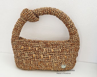 Bolso dumpling de rafia, bolso de nudo hecho a mano, bolso de mujer beige y oro cobrizo, noche, boda