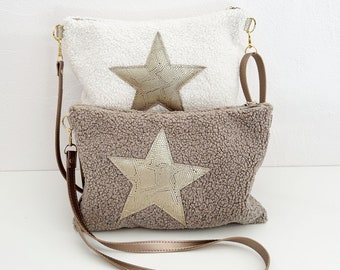 Clutch bag in sheep-like woolen fabric, Beige and gold, Teddy bag, women's crossbody bag