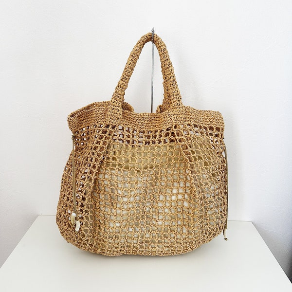 Cabas de plage beige en Raphia de Cellulose , grand  cabas de plage, sac boho chic, palm tree bag, sac boho, sac summer