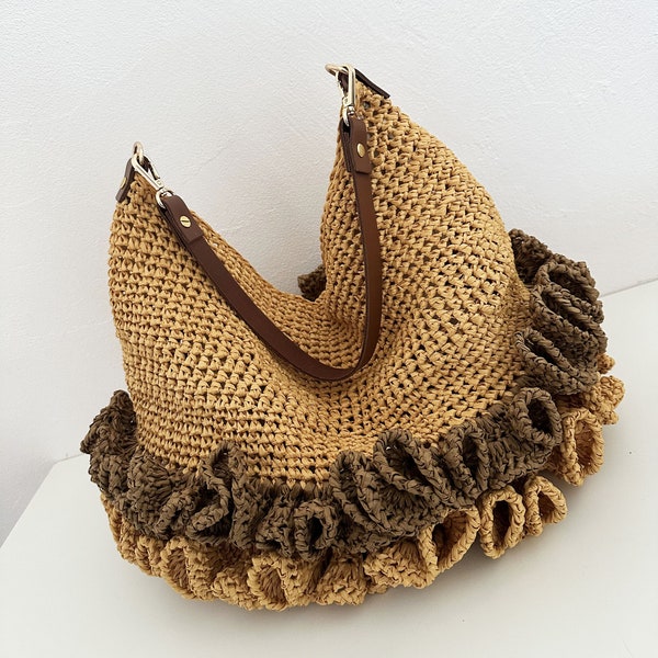 Sac seau volants en raphia Beige et Marron, sac boho chic, palm tree bag, sac boho, sac summer