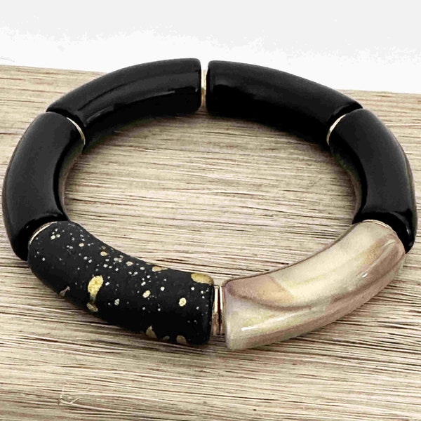 Bracelet jonc Boho, bracelet Skinny Acrylic bamboo, bracelet tube incurvé, noir et or