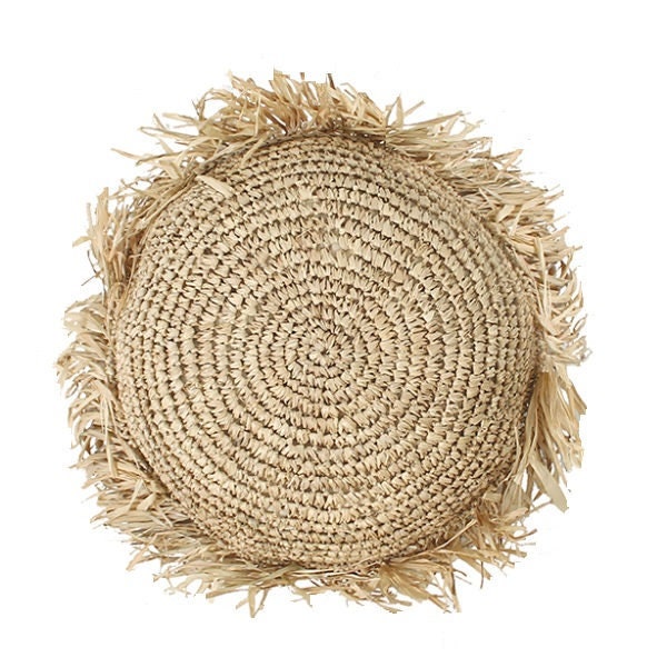 Housse de coussin ronde en raphia 35 cm avec franges, housse pour coussin bohème